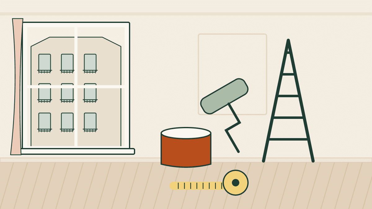 Illustration : un appartement ancien en travaux, avec un devis et des outils posés au sol
