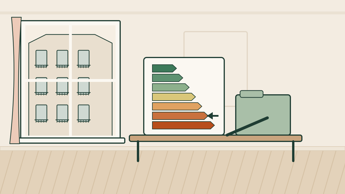 Illustration : le dossier de diagnostics d'un appartement, étiquette énergie du DPE en évidence