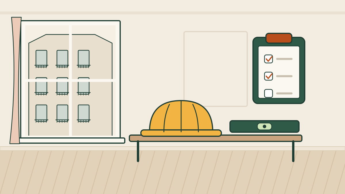 Illustration : un expert du bâtiment inspecte le plafond d'un appartement, carnet à la main